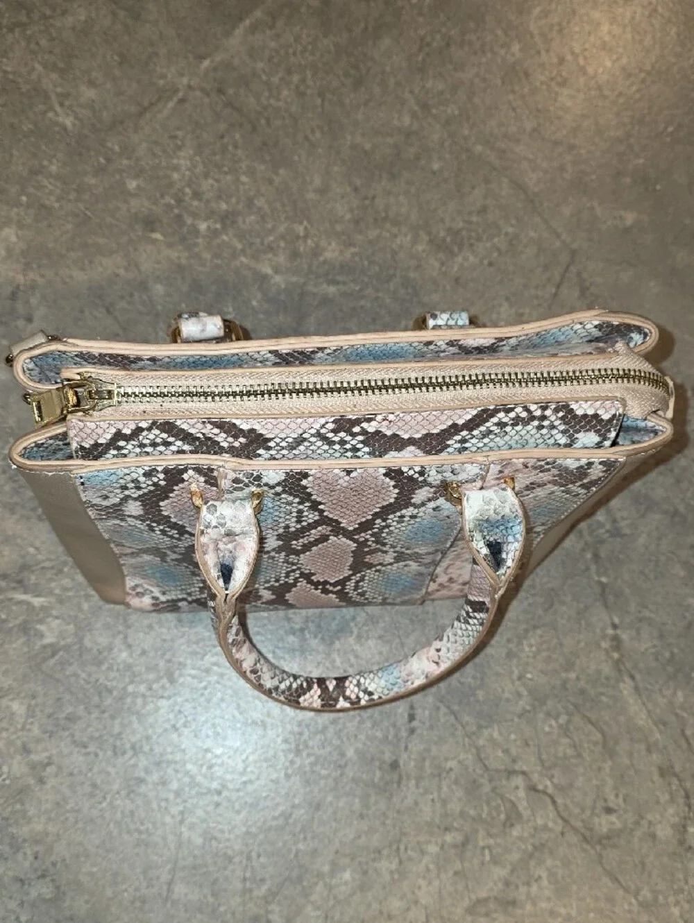 (J51) Kaari Blue Pink and Tan Snake-Print Crossbody Satchel